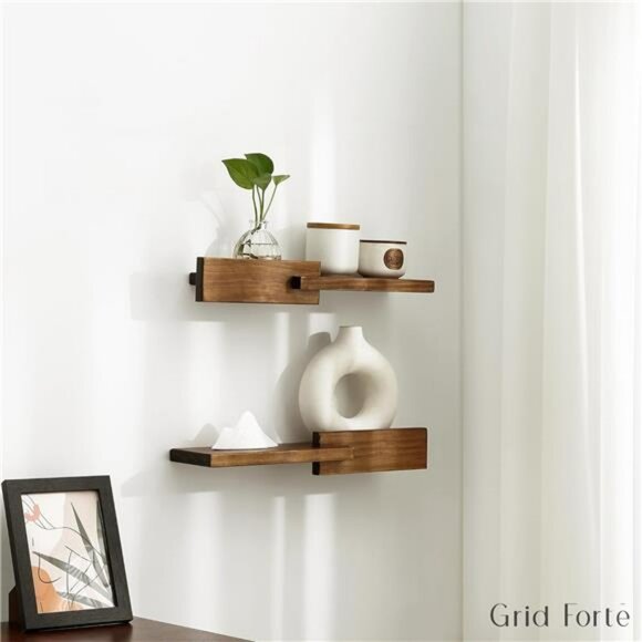 Set of 2 wood floating wall shelves walnut modern reversible shelf home decor - Picture 7 of 8